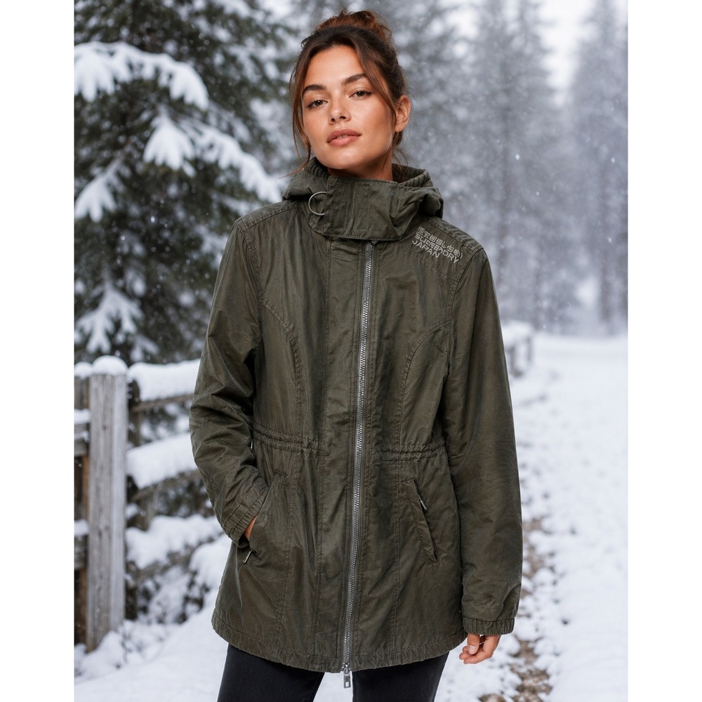 Superdry The Windparka Women Small Olive Green Sherpa Lined Hood Triple Zip Coat
